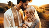 Fototapeta  - A touching scene of a couple of Middle Eastern descent, where the man gently kisses the forehead of his pregnant partner.