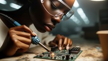 Close-up Of A Woman With Dark Skin, Wearing Safety Goggles, Meticulously Soldering A Circuit Board In A Well-lit Workspace.