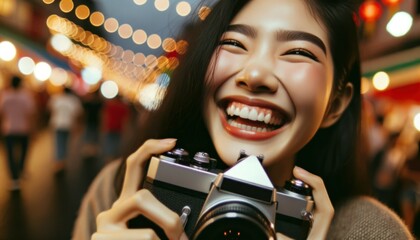 Close-up photo of a young Asian woman laughing heartily, her eyes sparkling with joy. She holds a vintage film camera