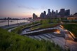 Cityscape: Dusk over elevated park and amphitheater at Hudson River Park, Manhattan. Generative AI
