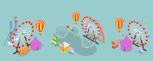 3D Isometric Flat Vector Set Of Amusement Parks, Observation Wheel, Roller Coaster