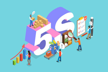 Wall Mural - 3d isometric flat vector illustration of 5s strategy, kaizen business methodology