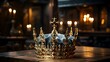 king's crown on a wooden table with a blurry background