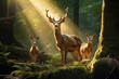 The deer and their offspring dwell in the heart of a natural forest. The dappling sun rays wrap around their joy. A concept that suits Earth Day, the environment, nature, and animals.