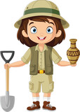 Fototapeta Dinusie - Cartoon archaeologist girl on white background