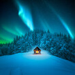 A winter scene with a solitary wooden cabin and snow-covered fir trees. Aurora borealis. Northern lights in winter forest. Christmas holiday and winter vacations concept