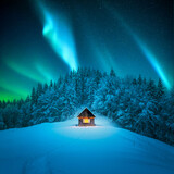 Fototapeta Na sufit - A winter scene with a solitary wooden cabin and snow-covered fir trees. Aurora borealis. Northern lights in winter forest. Christmas holiday and winter vacations concept