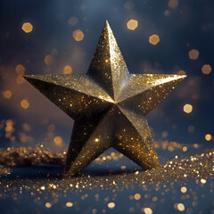 Wall Mural - Golden Star on Dark Background, Christmas and New Year 2024 Wallpaper with Bokeh, beautiful, elegant sparkly decoration, copy space