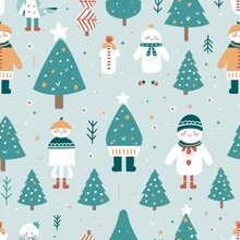 Winter Fashionable Children's Outfits Pattern Seamless  With Christmas Trees Gifts