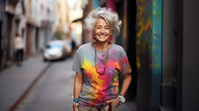 Cheerful Elderly Hippie Woman In Bright Clothes On A City Street, Old Lady, Grandmother, World Peace, Subculture, 60s Style, Fashion, Emotions, Facial Expression, Portrait, Joy, Happiness, Retired