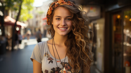 Wall Mural - young beautiful hippie woman with long curls and hair band smiling, beads, girl portrait, fashion, style, sunlight, world peace, joyful emotions, facial expression, happiness, city street
