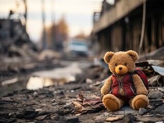 Wall Mural - A brown teddy bear wearing a bag and jacket sits on the ruins of a building with blurred destroyed building background. can be use for news, illustration, presentation, wallpaper, motivation