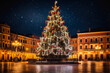 Beautiful Christmas tree in a town square at night