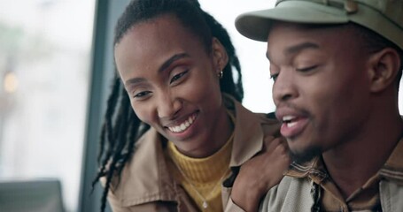 Canvas Print - Kiss, laptop or happy black couple in restaurant on website for booking a holiday vacation for travel. Love, romantic man or African woman in cafe for online shopping, search or social media on pc