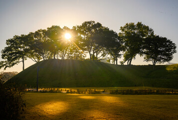 Wall Mural - Sunrise over the forest hill in autumn. Wolseong Historic district morning landscape in Gyeongju City, North Gyeongsang Province, South Korea