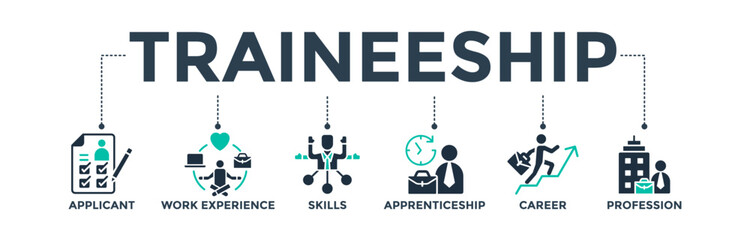 Sticker - Traineeship banner web icon vector illustration concept for apprenticeship on a job training program with the icon of the applicant, work experience, skills, internship, career, and profession 