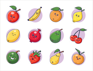 Wall Mural - Cute Kawaii Fruits set in cartoon style. Fruits collection. Fruits icons, stickers, mascots. Fruits characters. Vector illustration isolated on white background.