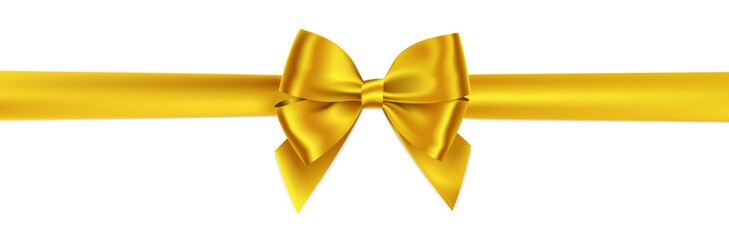 Gold bow and ribbon shiny satin realistic with shadow for decorate your greeting card, website or gift card,vector isolated on white background.
