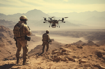 Wall Mural - Soldiers on desert battlefields are using drones to fight