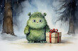 Cute illustration of a winter holiday monster with gift, watercolor style