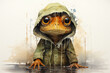 Water color illustration of a frog wearing a raincoat, standing out in the rain