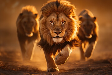 lions wildlife hunting - aggressive charge close-up shot reveals running animal in africa with inten