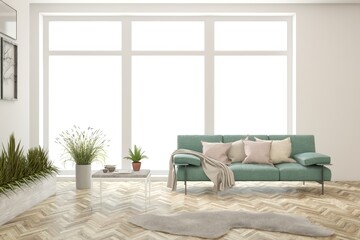 White living room with sofa. Scandinavian interior design. 3D illustration