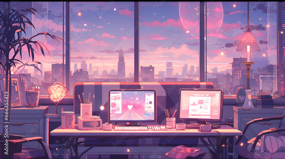 cyberpunk lofi living room with study table, anime style, 80s