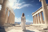 Young woman in a long white dress on the background of the Parthenon, Greece, Female tourist standing in front of the Parthenon, rear view, full body, AI Generated