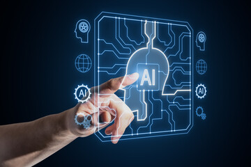 Wall Mural - Close up of man hand pointing at creative AI head outline hologram with circuit on blurry blue background.