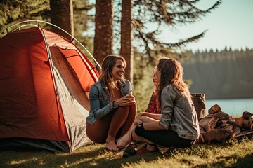 two young women sitting on the grass near the camping tent and talking, friends enjoying a summer ca