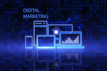 Sticker - Creative blue gadgets hologram and business chart on blurry pixel backdrop. Digital marketing, social network and online service concept. 3D Rendering.