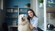 Happy smiling dog with female veteran at vet 