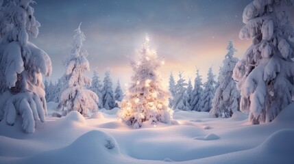 Wall Mural - Very early winter morning in a snowy countryside forest with a tree that glows with Christmas lights