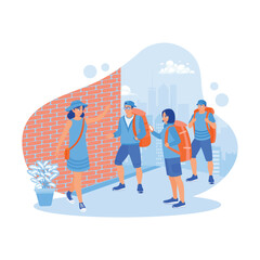 Wall Mural - City guide and group of happy tourists. A tour guide points out local architecture in an urban area. Tourist Guide concept. trend modern vector flat illustration