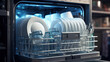 © RISHAD - Open dishwasher with clean dishes.
