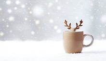 Reindeer Mug Hot Chocolate Clean White Snow Fall Background
