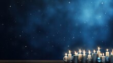 Festive Hanukkah Background With Traditional Hanukkah Menorah, Candles, Dreidels, And Copy Space For Your Text. Perfect For Hanukkah Greeting Cards, Invitations, And Other Holiday Designs.