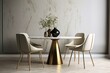 Modern dining room with marble round table, chairs, beige wall. Cafe, bar or restaurant interior design. Home interior. 3D rendering. Generative AI