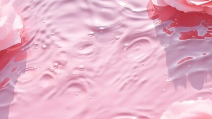 Top view of pink transparent clear calm water surface. Texture with splashes and bubbles and podium for cosmetics product. Trendy abstract summer nature cosmetic background