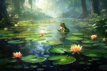 Water Lilies With A Frog In A Pond, Illustration. Generative AI