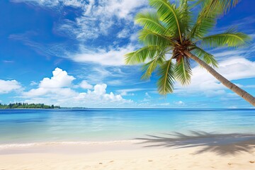 Wall Mural - Beach Theme Background: Palm Tree on Tropical Beach with Blue Sky and White Clouds - Stunning Abstract Background