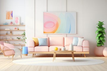 Wall Mural - A living room design with sofa and couch on cartoon theme and with pastel color scheme