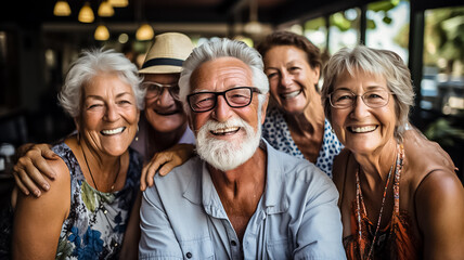 Happy group of senior people smiling at camera outdoors - Older friends taking selfie pic with smart mobile phone device - Life style concept with pensioners having fun together on summer holiday