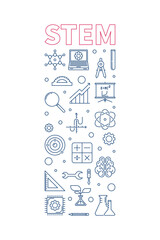 Sticker - STEM vector outline vertical blue simple banner. Science concept illustration