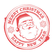 Christmas Round Stamp With Cute Santa Claus With Text And Snowflakes.
