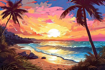Wall Mural - Beautiful Tropical Beach and Sea: Nature Landscape View in Sunny Day with Beach Sunset Drawing