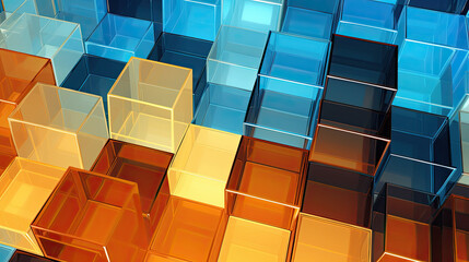 Wall Mural - Texture background with random 3d cubic crystal boxes in bright blue and yellow colors