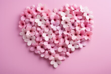 Valentine Heart Card Design Background. Wreath Made Of Pink Flowers. High Quality Photo