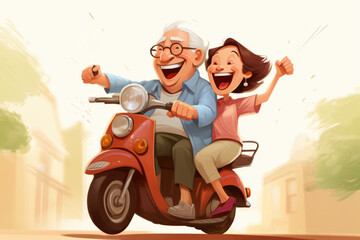 Wall Mural - Man and woman are pictured riding together on scooter. This image can be used to depict fun and adventurous couple enjoying ride on sunny day.